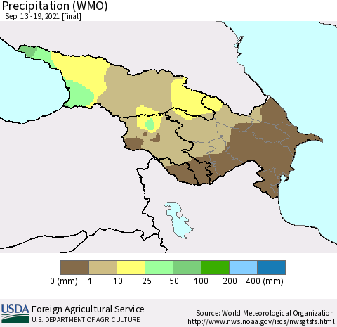 Azerbaijan, Armenia and Georgia Precipitation (WMO) Thematic Map For 9/13/2021 - 9/19/2021