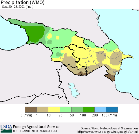 Azerbaijan, Armenia and Georgia Precipitation (WMO) Thematic Map For 9/20/2021 - 9/26/2021