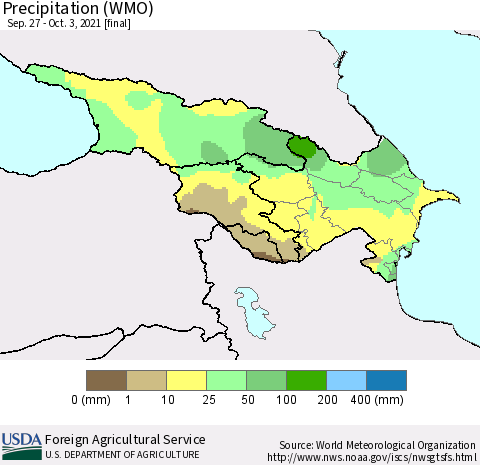 Azerbaijan, Armenia and Georgia Precipitation (WMO) Thematic Map For 9/27/2021 - 10/3/2021