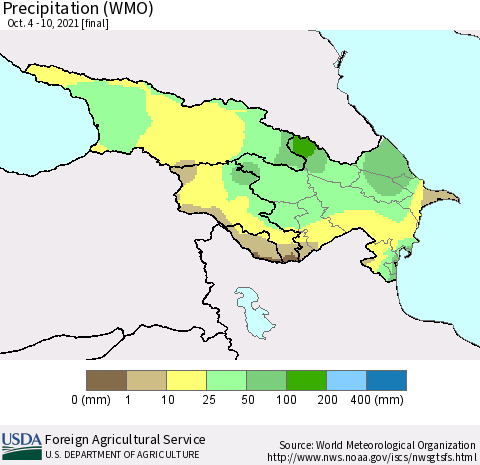 Azerbaijan, Armenia and Georgia Precipitation (WMO) Thematic Map For 10/4/2021 - 10/10/2021