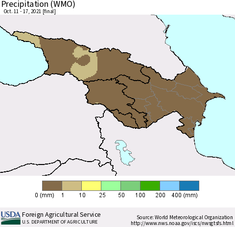 Azerbaijan, Armenia and Georgia Precipitation (WMO) Thematic Map For 10/11/2021 - 10/17/2021