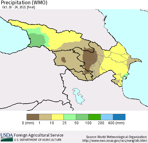 Azerbaijan, Armenia and Georgia Precipitation (WMO) Thematic Map For 10/18/2021 - 10/24/2021