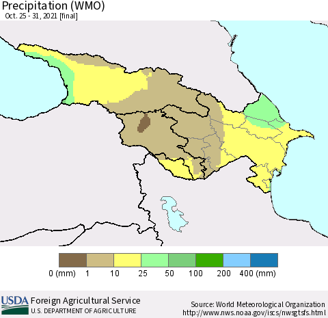Azerbaijan, Armenia and Georgia Precipitation (WMO) Thematic Map For 10/25/2021 - 10/31/2021