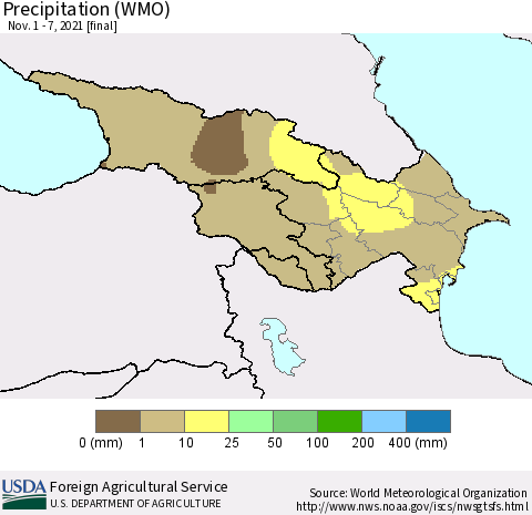 Azerbaijan, Armenia and Georgia Precipitation (WMO) Thematic Map For 11/1/2021 - 11/7/2021