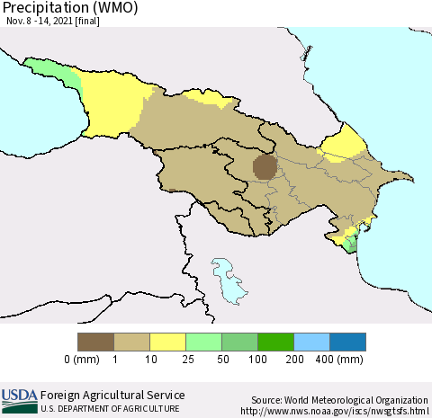Azerbaijan, Armenia and Georgia Precipitation (WMO) Thematic Map For 11/8/2021 - 11/14/2021