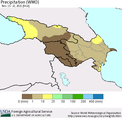 Azerbaijan, Armenia and Georgia Precipitation (WMO) Thematic Map For 11/15/2021 - 11/21/2021
