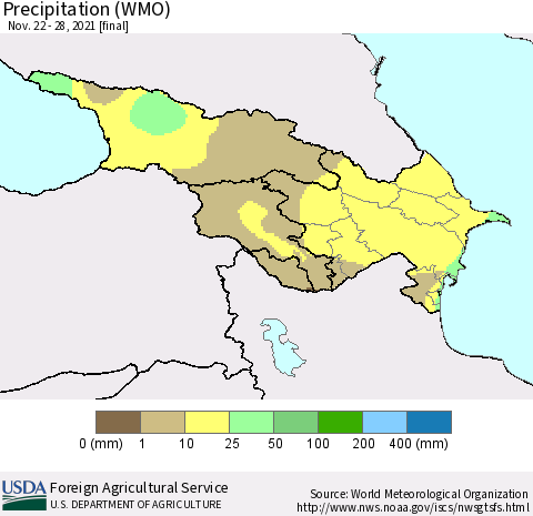 Azerbaijan, Armenia and Georgia Precipitation (WMO) Thematic Map For 11/22/2021 - 11/28/2021