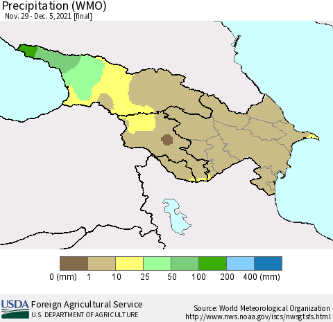 Azerbaijan, Armenia and Georgia Precipitation (WMO) Thematic Map For 11/29/2021 - 12/5/2021