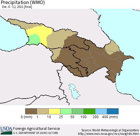 Azerbaijan, Armenia and Georgia Precipitation (WMO) Thematic Map For 12/6/2021 - 12/12/2021