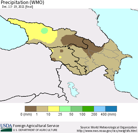 Azerbaijan, Armenia and Georgia Precipitation (WMO) Thematic Map For 12/13/2021 - 12/19/2021