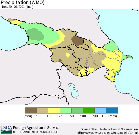 Azerbaijan, Armenia and Georgia Precipitation (WMO) Thematic Map For 12/20/2021 - 12/26/2021