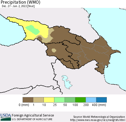 Azerbaijan, Armenia and Georgia Precipitation (WMO) Thematic Map For 12/27/2021 - 1/2/2022
