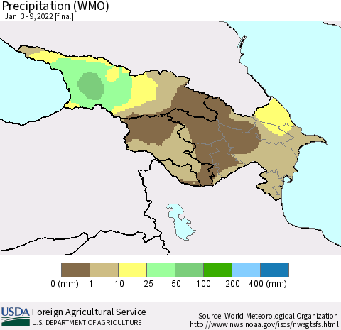 Azerbaijan, Armenia and Georgia Precipitation (WMO) Thematic Map For 1/3/2022 - 1/9/2022