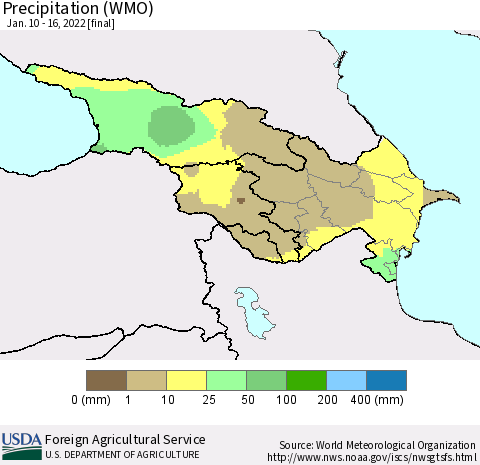 Azerbaijan, Armenia and Georgia Precipitation (WMO) Thematic Map For 1/10/2022 - 1/16/2022