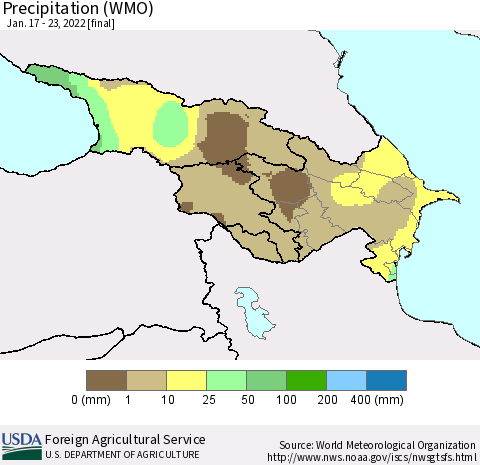 Azerbaijan, Armenia and Georgia Precipitation (WMO) Thematic Map For 1/17/2022 - 1/23/2022