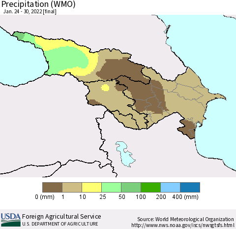 Azerbaijan, Armenia and Georgia Precipitation (WMO) Thematic Map For 1/24/2022 - 1/30/2022