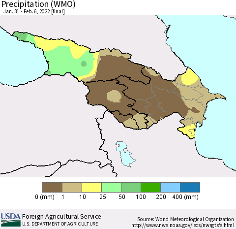 Azerbaijan, Armenia and Georgia Precipitation (WMO) Thematic Map For 1/31/2022 - 2/6/2022