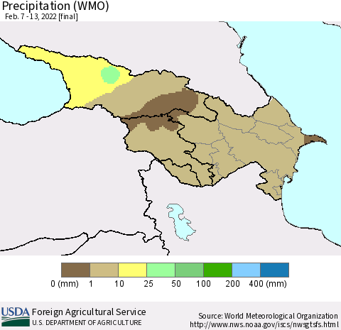 Azerbaijan, Armenia and Georgia Precipitation (WMO) Thematic Map For 2/7/2022 - 2/13/2022