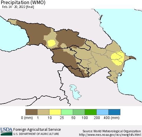 Azerbaijan, Armenia and Georgia Precipitation (WMO) Thematic Map For 2/14/2022 - 2/20/2022
