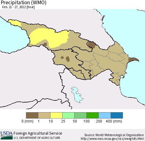 Azerbaijan, Armenia and Georgia Precipitation (WMO) Thematic Map For 2/21/2022 - 2/27/2022