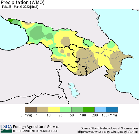 Azerbaijan, Armenia and Georgia Precipitation (WMO) Thematic Map For 2/28/2022 - 3/6/2022