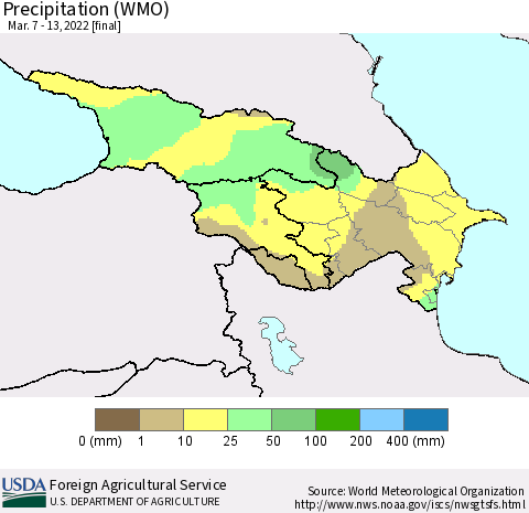 Azerbaijan, Armenia and Georgia Precipitation (WMO) Thematic Map For 3/7/2022 - 3/13/2022