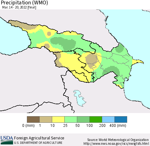Azerbaijan, Armenia and Georgia Precipitation (WMO) Thematic Map For 3/14/2022 - 3/20/2022