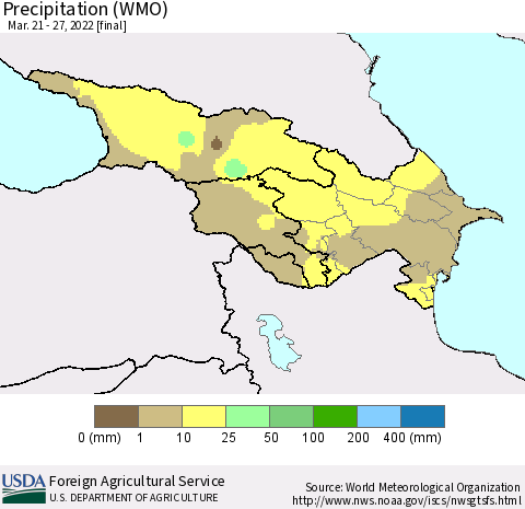 Azerbaijan, Armenia and Georgia Precipitation (WMO) Thematic Map For 3/21/2022 - 3/27/2022