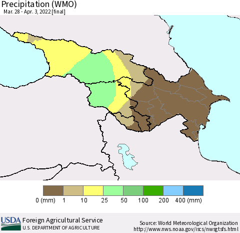Azerbaijan, Armenia and Georgia Precipitation (WMO) Thematic Map For 3/28/2022 - 4/3/2022