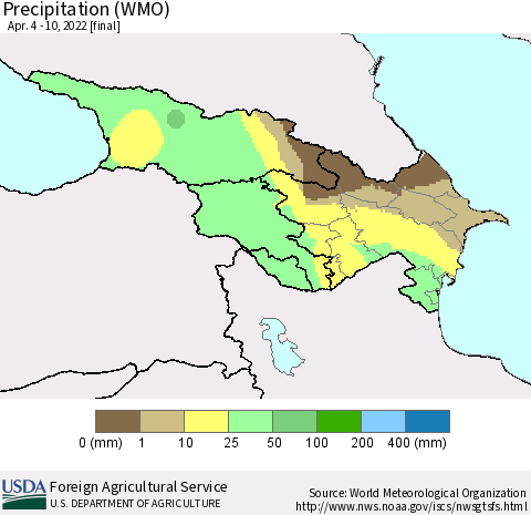 Azerbaijan, Armenia and Georgia Precipitation (WMO) Thematic Map For 4/4/2022 - 4/10/2022