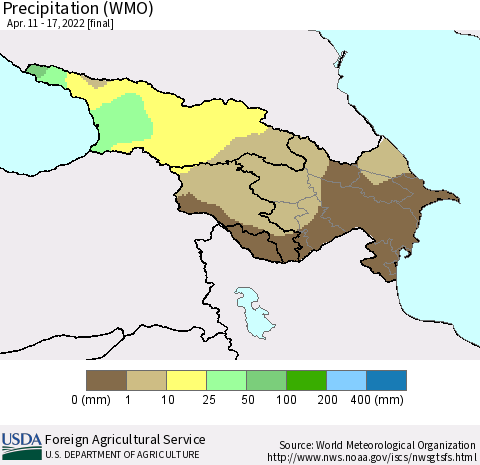 Azerbaijan, Armenia and Georgia Precipitation (WMO) Thematic Map For 4/11/2022 - 4/17/2022