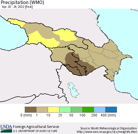 Azerbaijan, Armenia and Georgia Precipitation (WMO) Thematic Map For 4/18/2022 - 4/24/2022