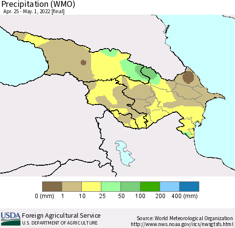 Azerbaijan, Armenia and Georgia Precipitation (WMO) Thematic Map For 4/25/2022 - 5/1/2022