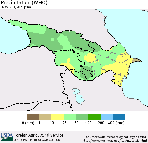Azerbaijan, Armenia and Georgia Precipitation (WMO) Thematic Map For 5/2/2022 - 5/8/2022