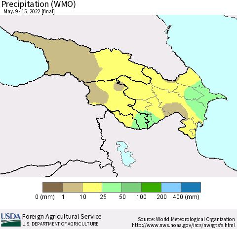 Azerbaijan, Armenia and Georgia Precipitation (WMO) Thematic Map For 5/9/2022 - 5/15/2022