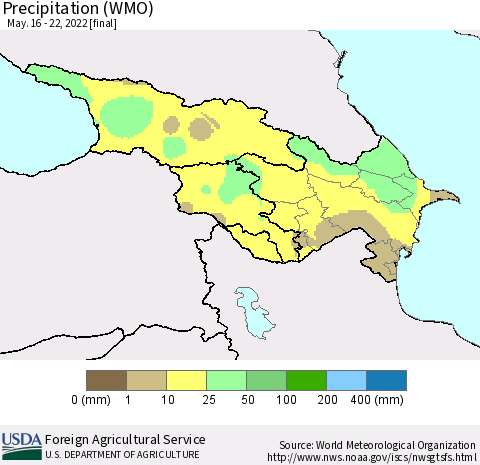 Azerbaijan, Armenia and Georgia Precipitation (WMO) Thematic Map For 5/16/2022 - 5/22/2022