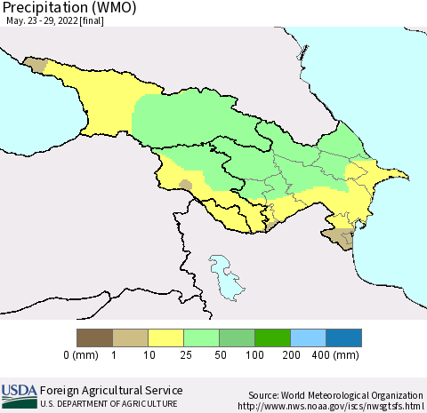 Azerbaijan, Armenia and Georgia Precipitation (WMO) Thematic Map For 5/23/2022 - 5/29/2022