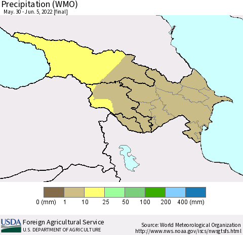 Azerbaijan, Armenia and Georgia Precipitation (WMO) Thematic Map For 5/30/2022 - 6/5/2022