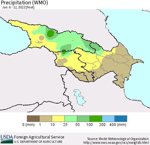 Azerbaijan, Armenia and Georgia Precipitation (WMO) Thematic Map For 6/6/2022 - 6/12/2022