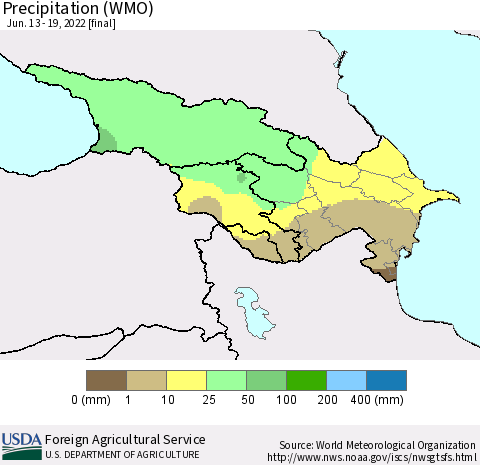 Azerbaijan, Armenia and Georgia Precipitation (WMO) Thematic Map For 6/13/2022 - 6/19/2022