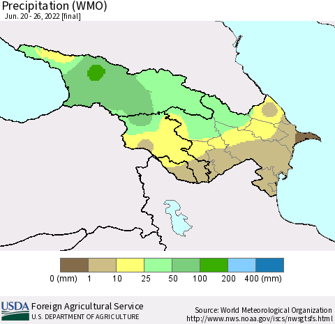 Azerbaijan, Armenia and Georgia Precipitation (WMO) Thematic Map For 6/20/2022 - 6/26/2022