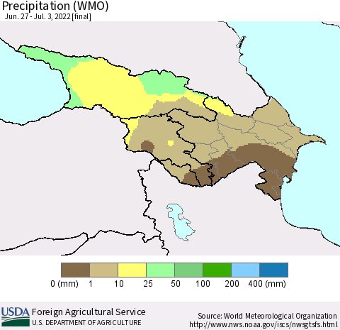 Azerbaijan, Armenia and Georgia Precipitation (WMO) Thematic Map For 6/27/2022 - 7/3/2022