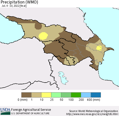 Azerbaijan, Armenia and Georgia Precipitation (WMO) Thematic Map For 7/4/2022 - 7/10/2022