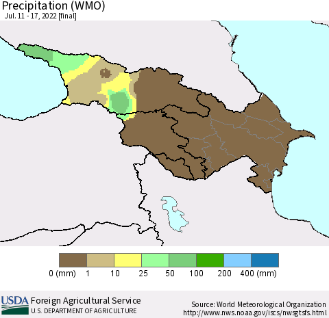 Azerbaijan, Armenia and Georgia Precipitation (WMO) Thematic Map For 7/11/2022 - 7/17/2022