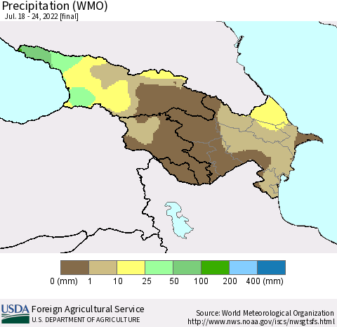 Azerbaijan, Armenia and Georgia Precipitation (WMO) Thematic Map For 7/18/2022 - 7/24/2022