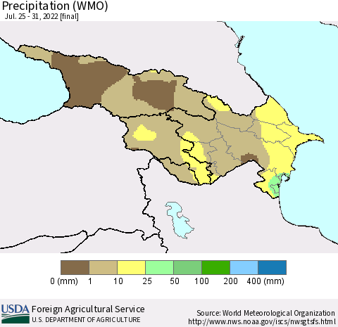Azerbaijan, Armenia and Georgia Precipitation (WMO) Thematic Map For 7/25/2022 - 7/31/2022