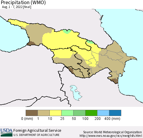 Azerbaijan, Armenia and Georgia Precipitation (WMO) Thematic Map For 8/1/2022 - 8/7/2022