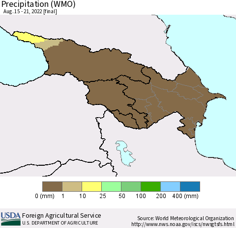 Azerbaijan, Armenia and Georgia Precipitation (WMO) Thematic Map For 8/15/2022 - 8/21/2022