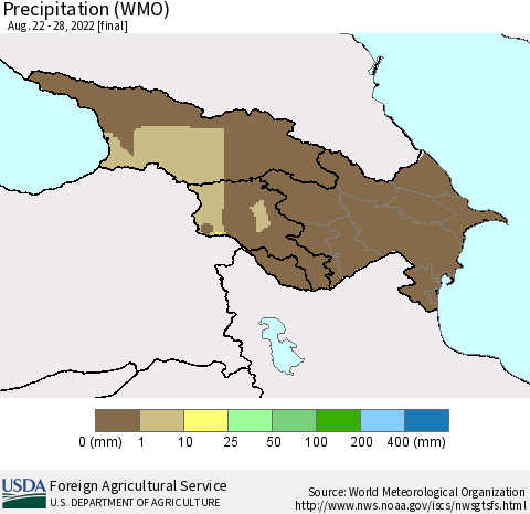 Azerbaijan, Armenia and Georgia Precipitation (WMO) Thematic Map For 8/22/2022 - 8/28/2022