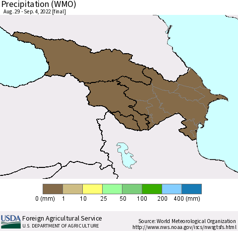 Azerbaijan, Armenia and Georgia Precipitation (WMO) Thematic Map For 8/29/2022 - 9/4/2022